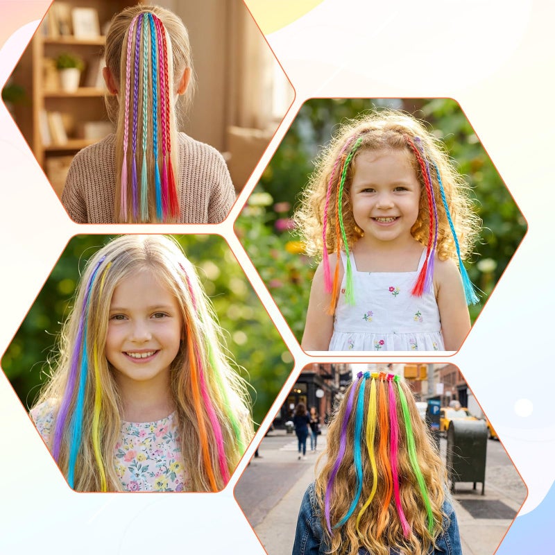 cobee 42Pcs Hair Extensions for Kids, Colored Hair Extensions for Kids, Hairs Accessories for Girls Braids Hairing Extension, Rainbow Hairs Clips for Kid Girls Ponytails Accessories - Image 3